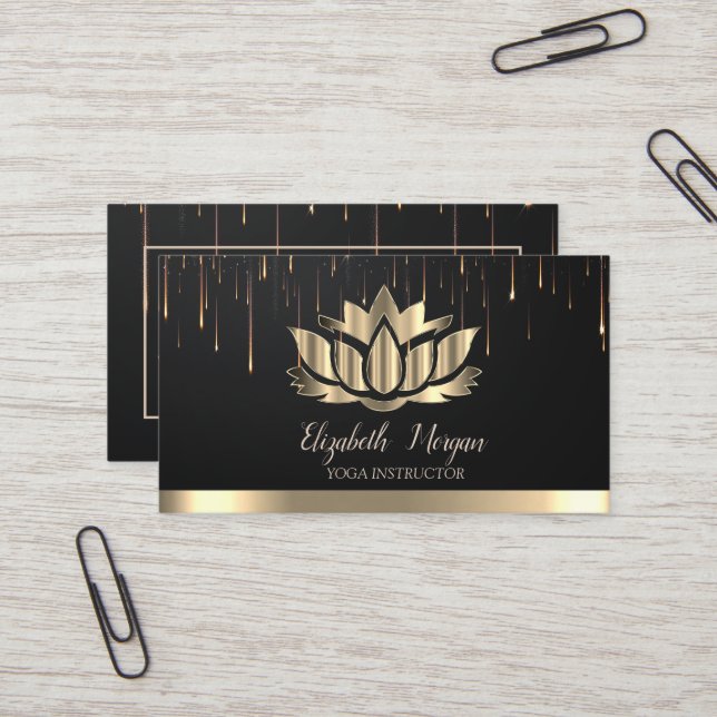 Tarjeta De Visita Elegante Gold Lotus Gold Stripe Drips Yoga (Anverso/Reverso In Situ)