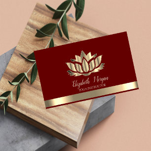 Tarjeta De Visita Elegante Gold Lotus Gold Stripe Yoga Burgundy