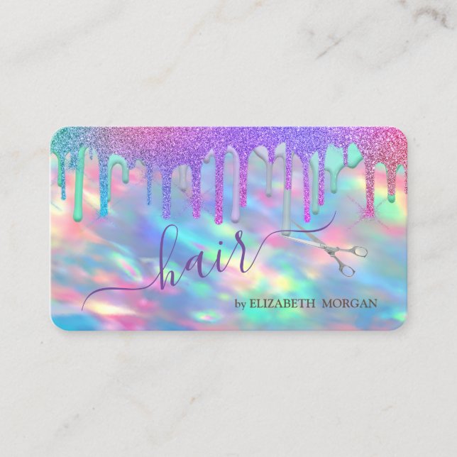 Tarjeta De Visita Elegante goteo arcoiris tijeras opal holográfico (Anverso)