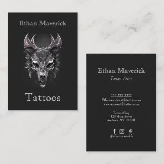 Tarjeta De Visita Elegante Gótico Fantasy Wolf Skull Negro y Plata