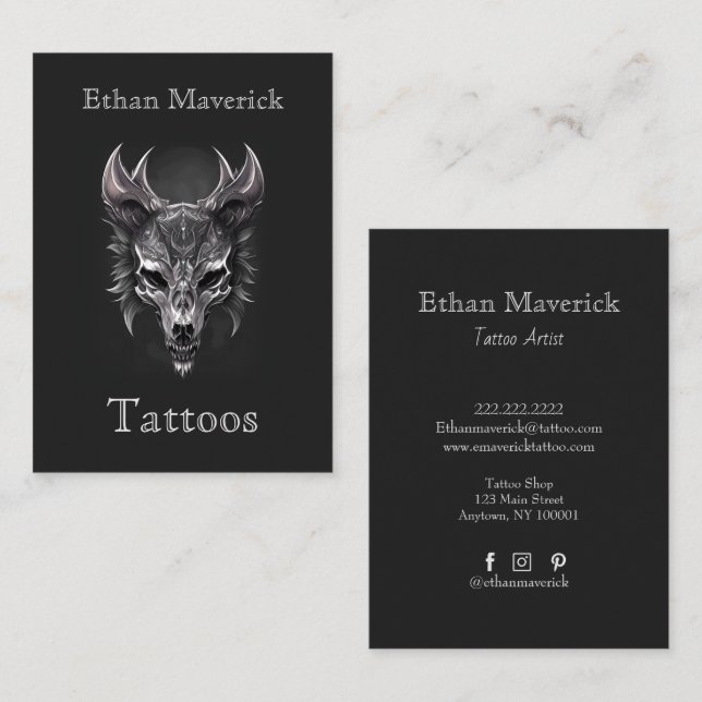 Tarjeta De Visita Elegante Gótico Fantasy Wolf Skull Negro y Plata (Anverso / Reverso)