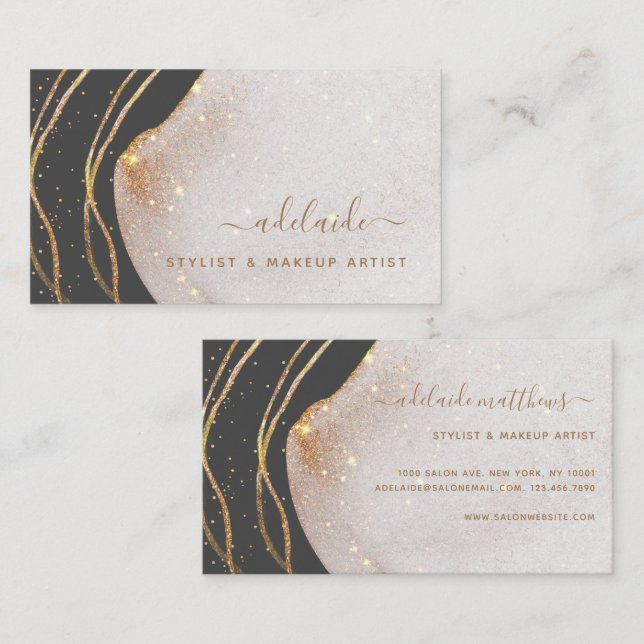 Tarjeta De Visita Elegante Gray Gold Purpurina Firma Script Agate   (Anverso / Reverso)