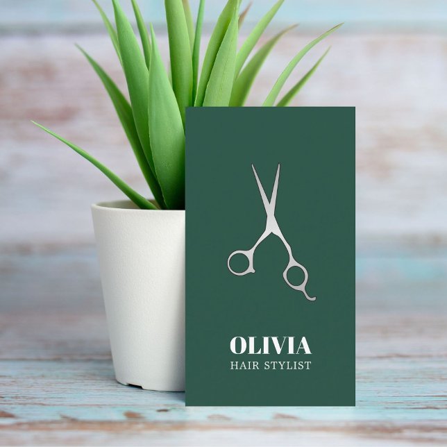 Tarjeta De Visita Elegante Green Faux Silver Scissors Bold Hair Salo (Subido por el creador)