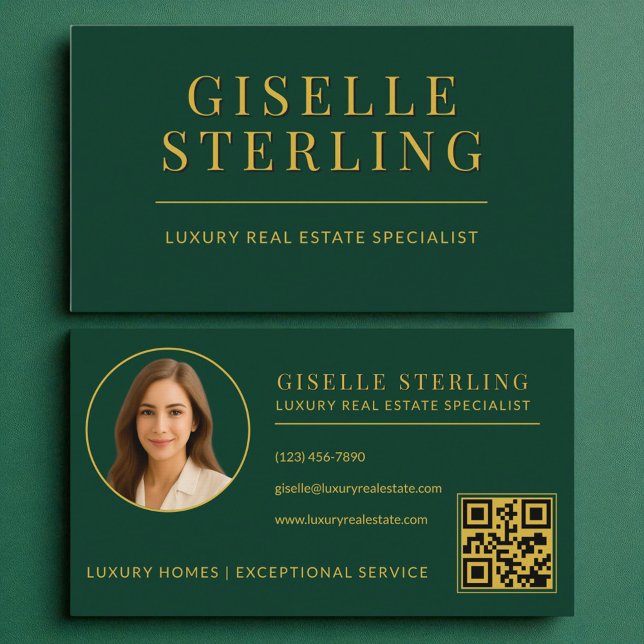 Tarjeta De Visita Elegante Green Gold Real Estate Agent QR Code (Subido por el creador)