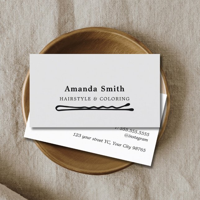 Tarjeta De Visita Elegante Gris Black Hair Pins Icono Hair Stylist (Subido por el creador)