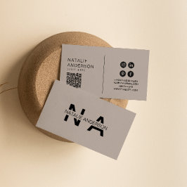 Tarjeta De Visita Elegante Gris Neutral QR Código Monograma moderno