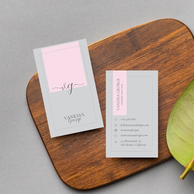 Tarjeta De Visita Elegante gris rosa Personalizado monograma moderno (Pink Grey Elegant Cute Modern Monogram Custom Business Card)