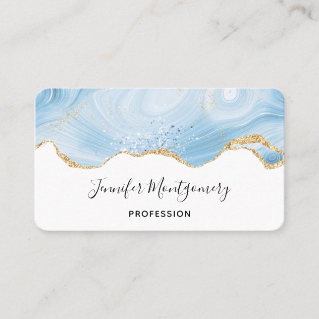 Tarjeta De Visita Elegante Guay Blue Agate y Gold Purpurina Border (Anverso)