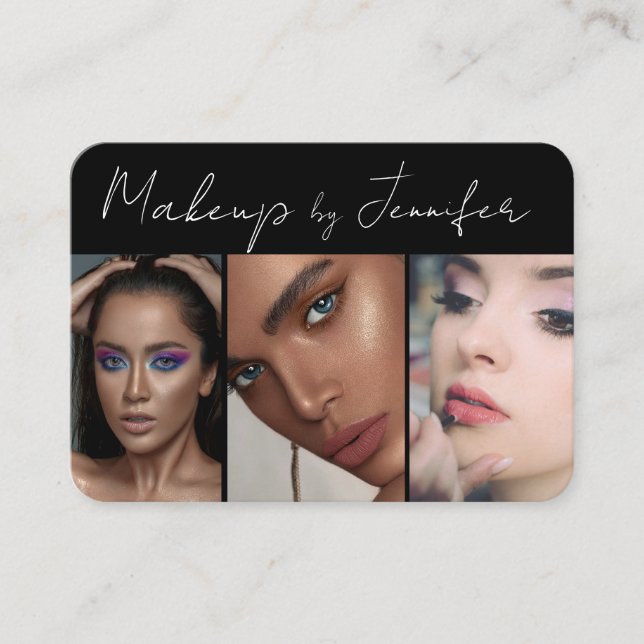 Tarjeta De Visita Elegante guión blanco negro 3 imagen maquillaje (Anverso)