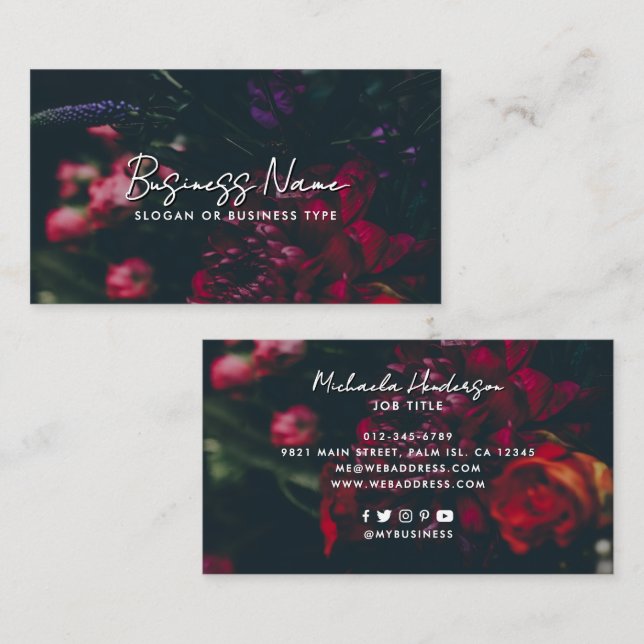 Tarjeta De Visita Elegante guión de flores oscuras y morales moderna (Anverso / Reverso)