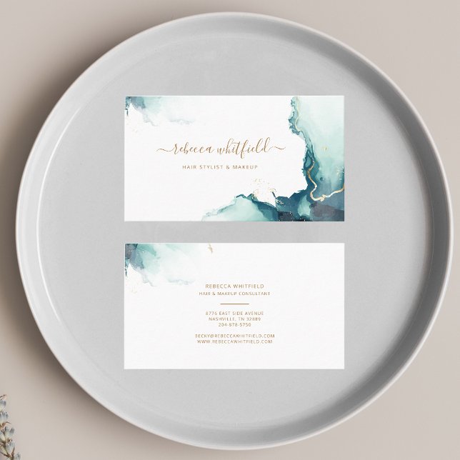 Tarjeta De Visita Elegante guión de patrón de árido de mármol dorado (Emerald Agate Script Hair Stylist Gold Text Business Card)