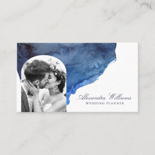 Tarjeta De Visita Elegante guión Foto de Acuarela Azul Profesional