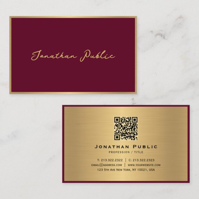 Tarjeta De Visita Elegante guión profesional moderno Bordeaux Gold (Anverso / Reverso)