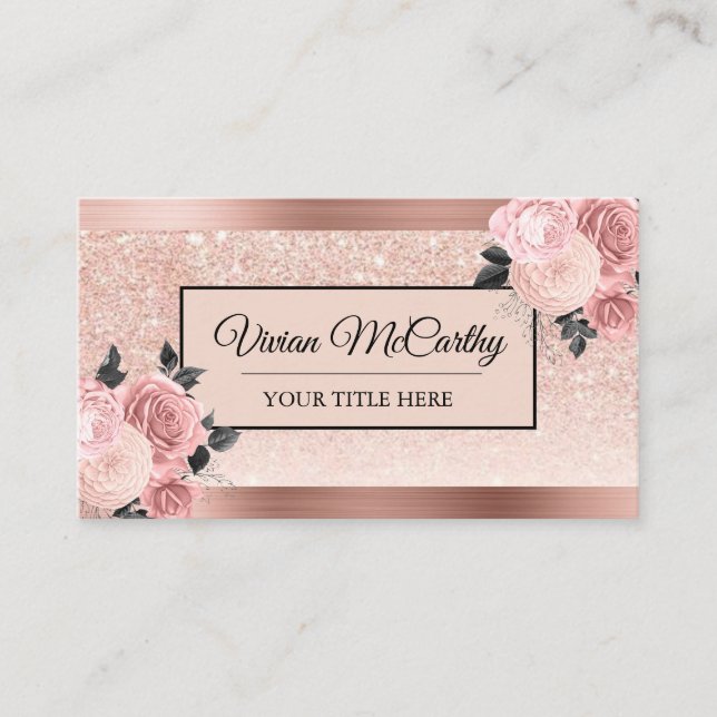 Tarjeta De Visita Elegante guión Rosa Rubor Floral & Relieve metaliz (Anverso)