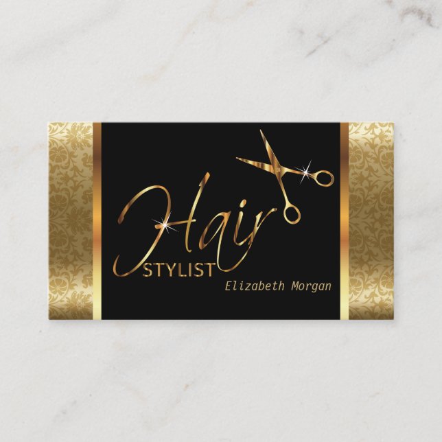 Tarjeta De Visita Elegante Hair de damasquín negro y dorado (Anverso)