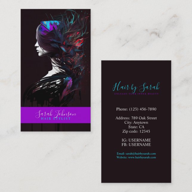 Tarjeta De Visita Elegante Hair Stylist Digital Art Card (Anverso / Reverso)