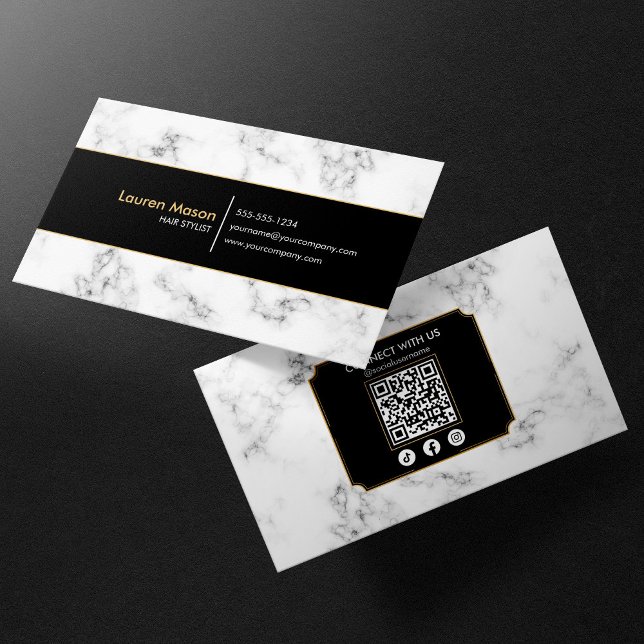 Tarjeta De Visita Elegante Hairstylist Black Gold Marble QR Code (Subido por el creador)