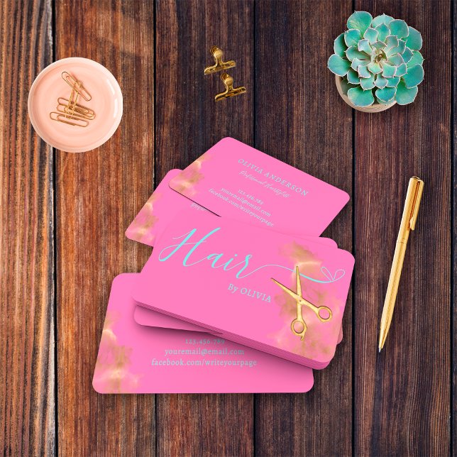 Tarjeta De Visita Elegante Hairstylist Gold Scissors Blue Hot Pink (Subido por el creador)