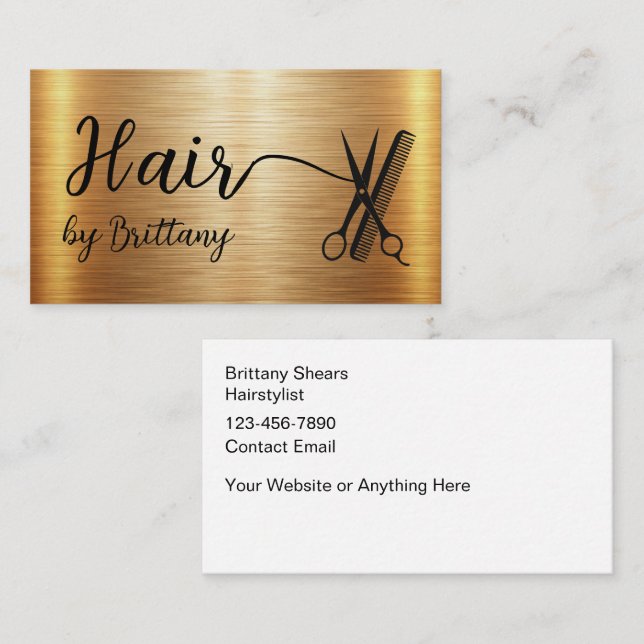 Tarjeta De Visita Elegante Hairstylist Gold Tone Glitzy Design (Anverso / Reverso)