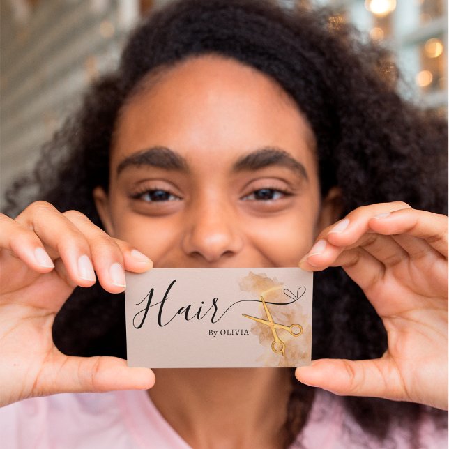 Tarjeta De Visita Elegante Hairstylist Hair Gold Scissors Moda Rosa (Subido por el creador)