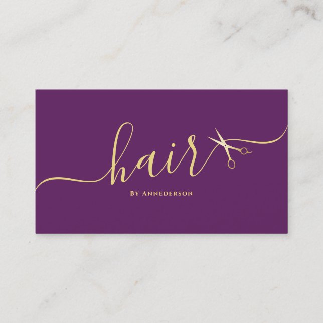 Tarjeta De Visita Elegante Hairstylist Script Hairdresser Purple (Anverso)