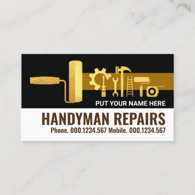Tarjeta De Visita Elegante Herramientas de Handyman Gold Renovación  (Anverso)