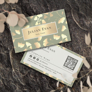 Tarjeta De Visita Elegante hoja de ginkgo verde brillante en hoja do