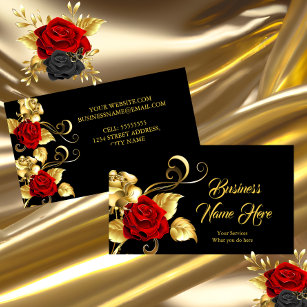 Tarjeta De Visita Elegante Hoja de Oro Negro Rosa Rojo Clásico