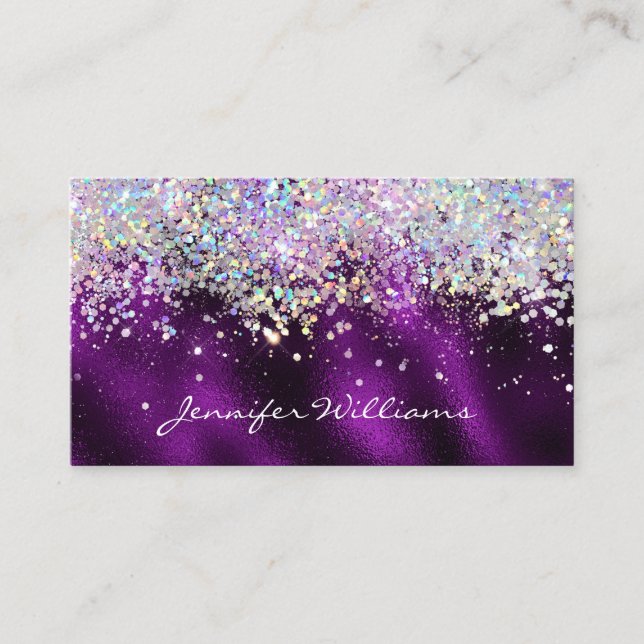 Tarjeta De Visita Elegante Holográfico Bling Sparkle Purpurina Purpl (Anverso)