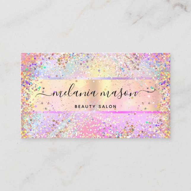 Tarjeta De Visita Elegante Holográfico Unicorn Confetti Purpurina Go (Anverso)