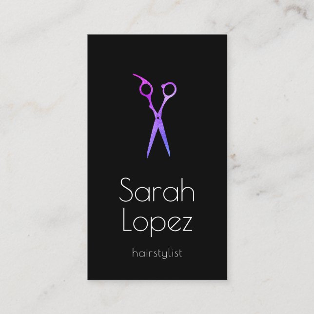 Tarjeta De Visita Elegante holográfico y peinado de tijeras negras (Anverso)