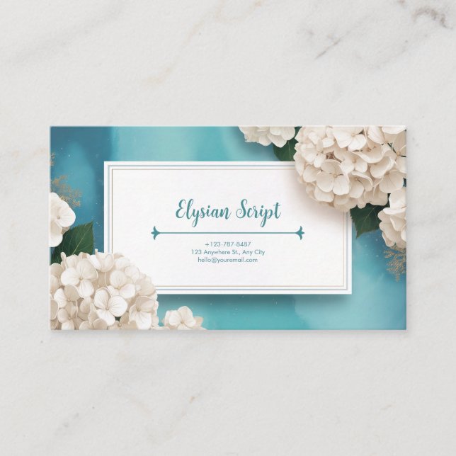 Tarjeta De Visita Elegante Hydrangea Blanca Floral Verde azulado (Anverso)