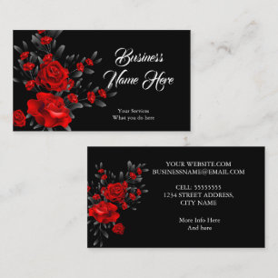 Tarjeta De Visita Elegante Impresionante Floral Rosa Roja Hojas Negr