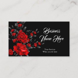 Tarjeta De Visita Elegante Impresionante Floral Rosa Roja Hojas Negr