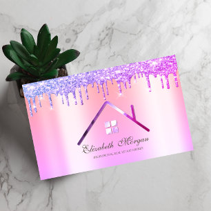 Tarjeta De Visita Elegante inmobiliaria de techo con gotas de purpur