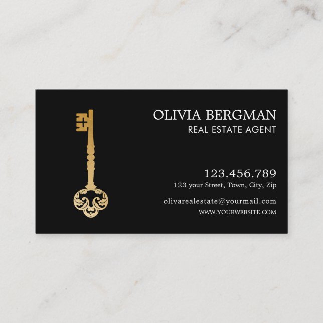 Tarjeta De Visita Elegante Inmobiliaria Profesional Gold Key (Anverso)