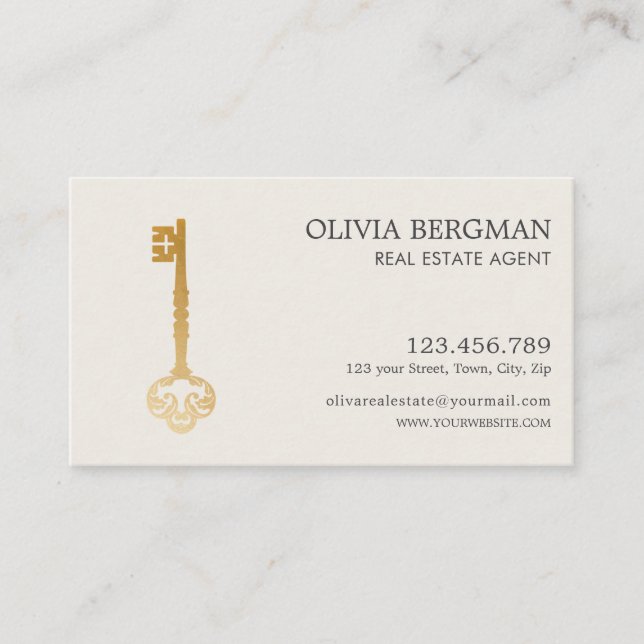 Tarjeta De Visita Elegante Inmobiliaria Profesional Gold Key (Anverso)