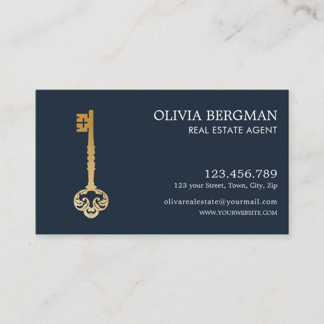 Tarjeta De Visita Elegante Inmobiliaria Profesional Gold Key (Anverso)