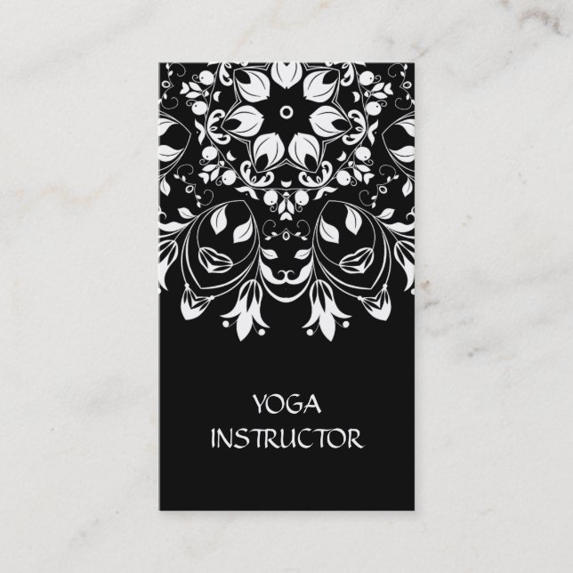 Tarjeta De Visita Elegante instructor de yoga BlackWhite Floral Mand (Anverso)