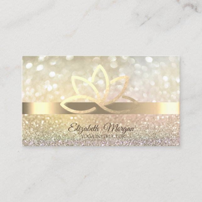 Tarjeta De Visita Elegante instructor de yoga Bokeh Gold Lotus (Anverso)