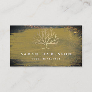 Tarjeta De Visita Elegante instructor de yoga de árbol de oro vintag