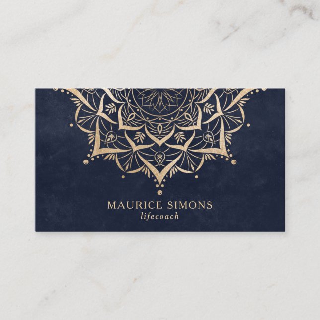 Tarjeta De Visita Elegante instructor de yoga de loto de oro mandala (Anverso)