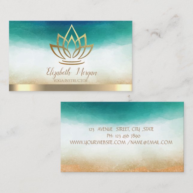Tarjeta De Visita Elegante instructor de yoga Gold Lotus (Anverso / Reverso)