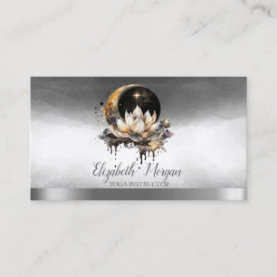Tarjeta De Visita Elegante instructor de yoga Lotus Moon Sun Silver