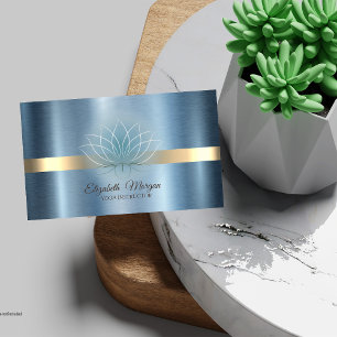 Tarjeta De Visita Elegante Instructor de Yoga Metálico Azul Loto