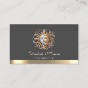 Tarjeta De Visita Elegante Instructor de Yoga Místico Luna Sol Oro