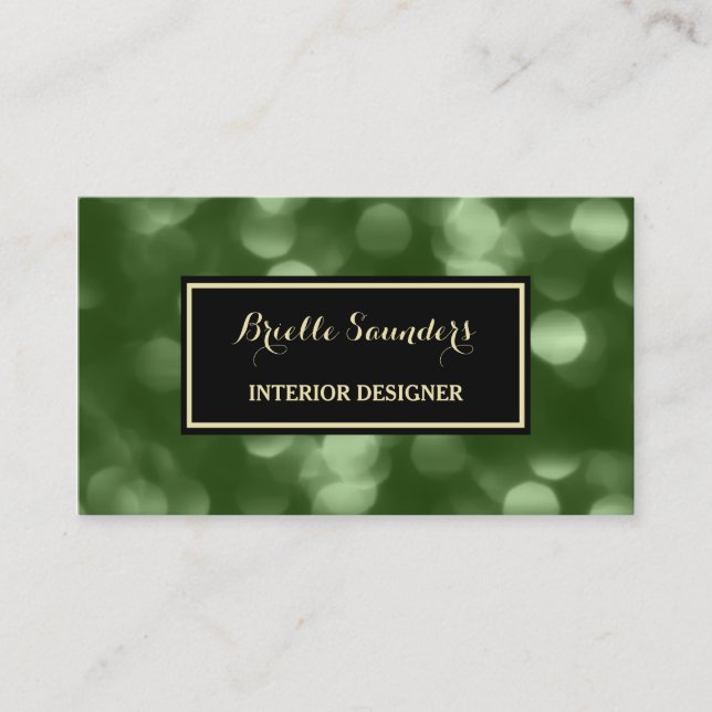 Tarjeta De Visita Elegante Interior Diseño Glamoroso Green Luxe Boke (Anverso)