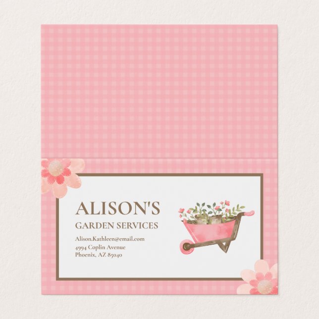 Tarjeta De Visita Elegante Jardín Acuático Rosa Gingham (Exterior desplegado)