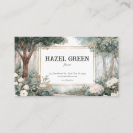 Tarjeta De Visita Elegante Jardin Floral Bosque Dorado Marco