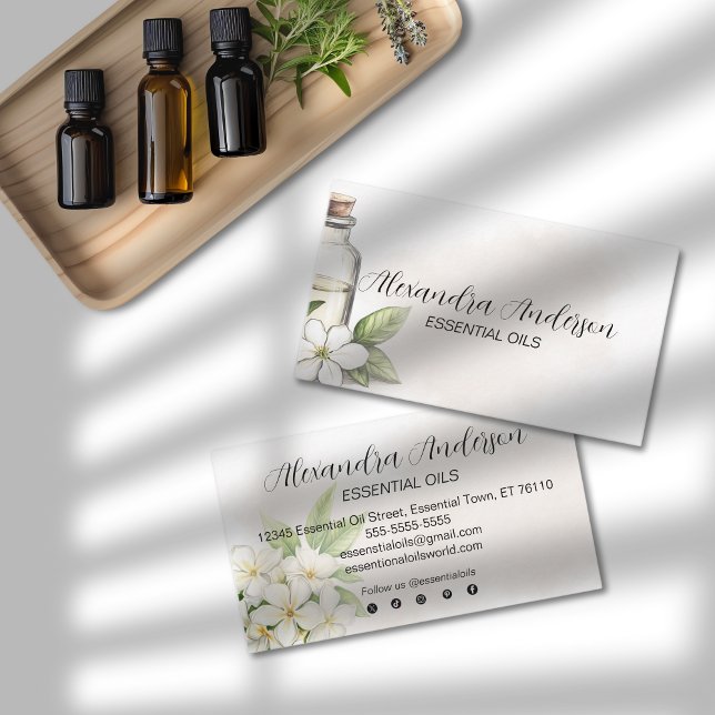 Tarjeta De Visita Elegante Jazmín acuarela Flor Aceites Esenciales (Elegant Jasmine Watercolor Flower Essential Oils Business Card)